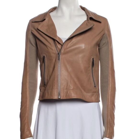 June Brown Leather Biker Moto Jacket Coat Wool Blend Knit Sleeve Size M - Picture 3 of 15